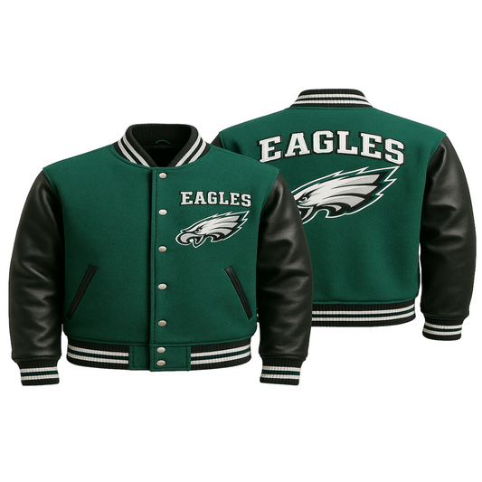 Philadelphia Eagles Varsity Jacket with Green and Black colour embroidered team logos