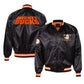 NHL Anaheim Ducks satin varsity jacket in black colour featuring large team logo and striped ribbed hem