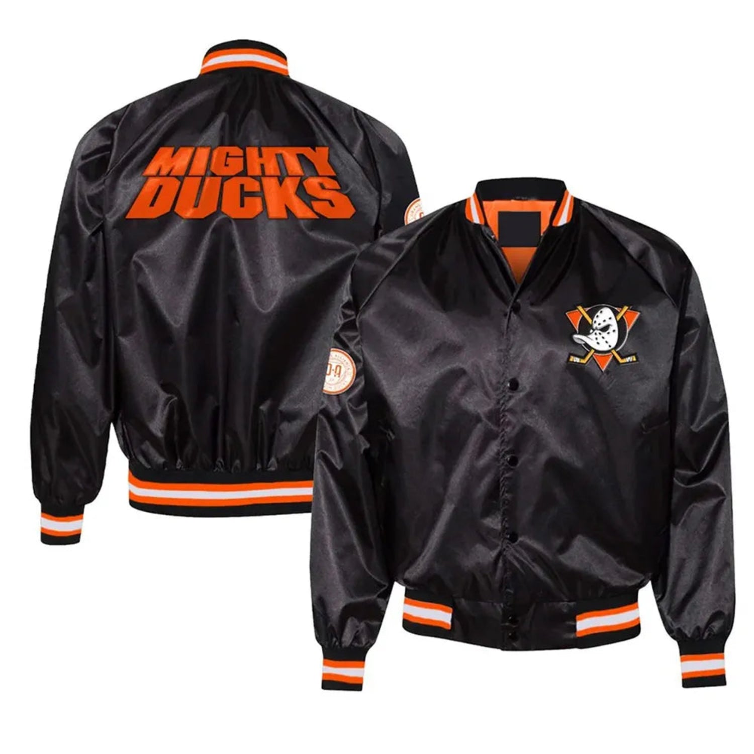 NHL Anaheim Ducks satin varsity jacket in black colour featuring large team logo and striped ribbed hem
