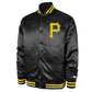 Front view of MLB Pittsburgh Pirates satin varsity jacket with team logo and snap-button closure