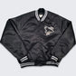 Front view of San Jose Sharks NHL satin varsity jacket with embroidered team logo and snap-button closure