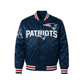 NFL Satin Varsity Jacket in navy colour with Patriots embroidered logo on the front