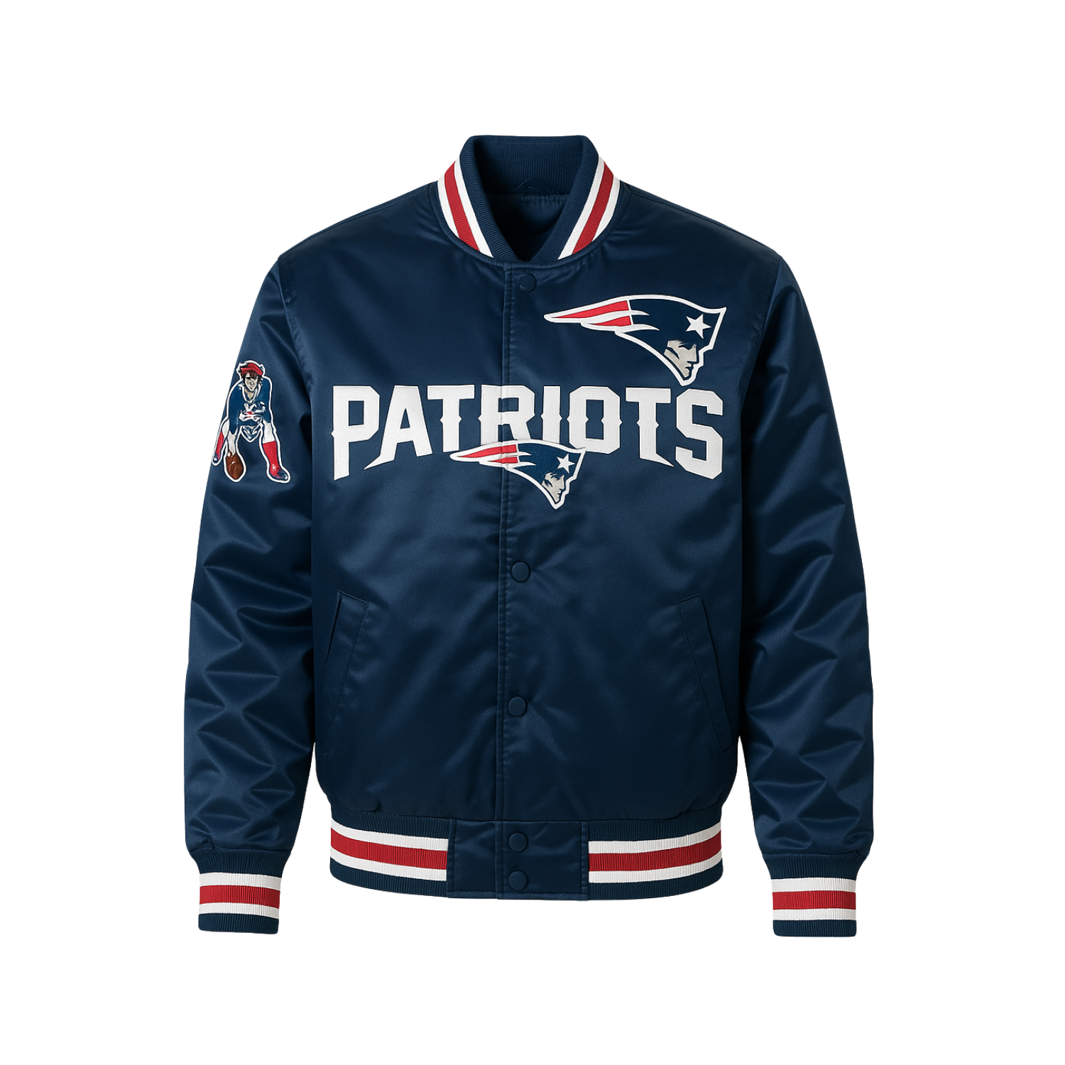 NFL Satin Varsity Jacket in navy colour with Patriots embroidered logo on the front
