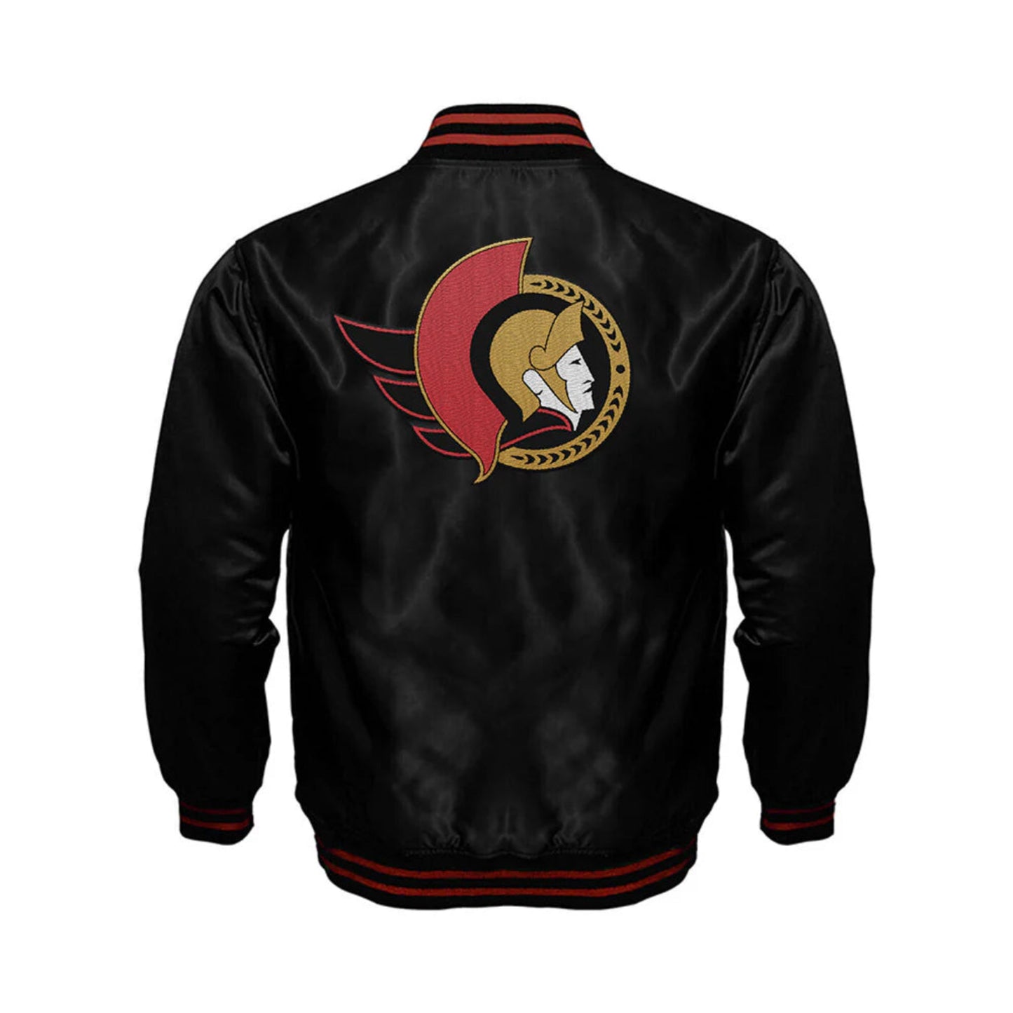 Back of NHL Ottawa Senators satin varsity jacket in black colour featuring large team logo and striped ribbed hem
