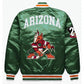 Back of NHL Arizona Coyotes Devils satin varsity jacket in green colour featuring large team logo and striped ribbed hem