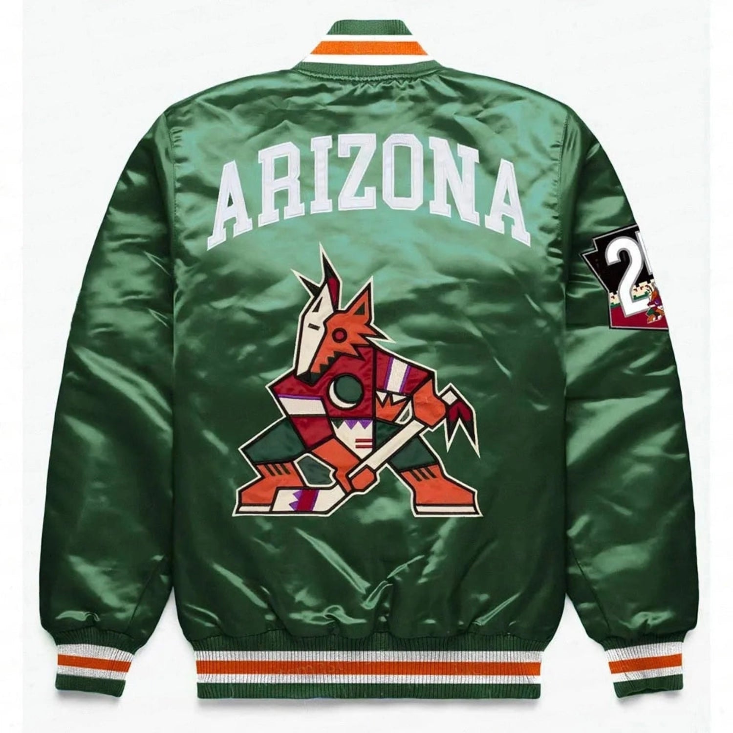 Back of NHL Arizona Coyotes Devils satin varsity jacket in green colour featuring large team logo and striped ribbed hem