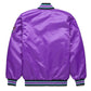 Back of Arizona Diamondbacks satin varsity jacket featuring large team logo and striped ribbed hem