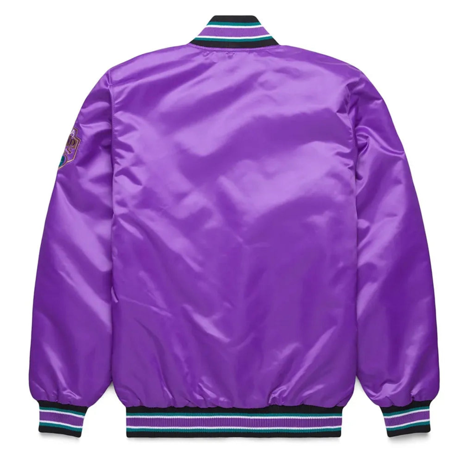 Back of Arizona Diamondbacks satin varsity jacket featuring large team logo and striped ribbed hem
