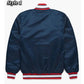 Back of Atlanta Braves satin varsity jacket featuring large team logo and striped ribbed hem
