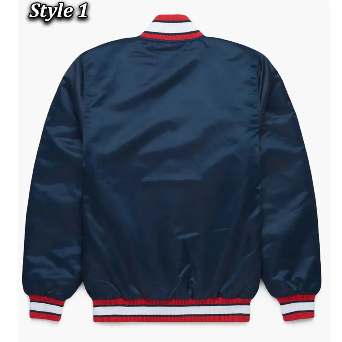 Back of Atlanta Braves satin varsity jacket featuring large team logo and striped ribbed hem