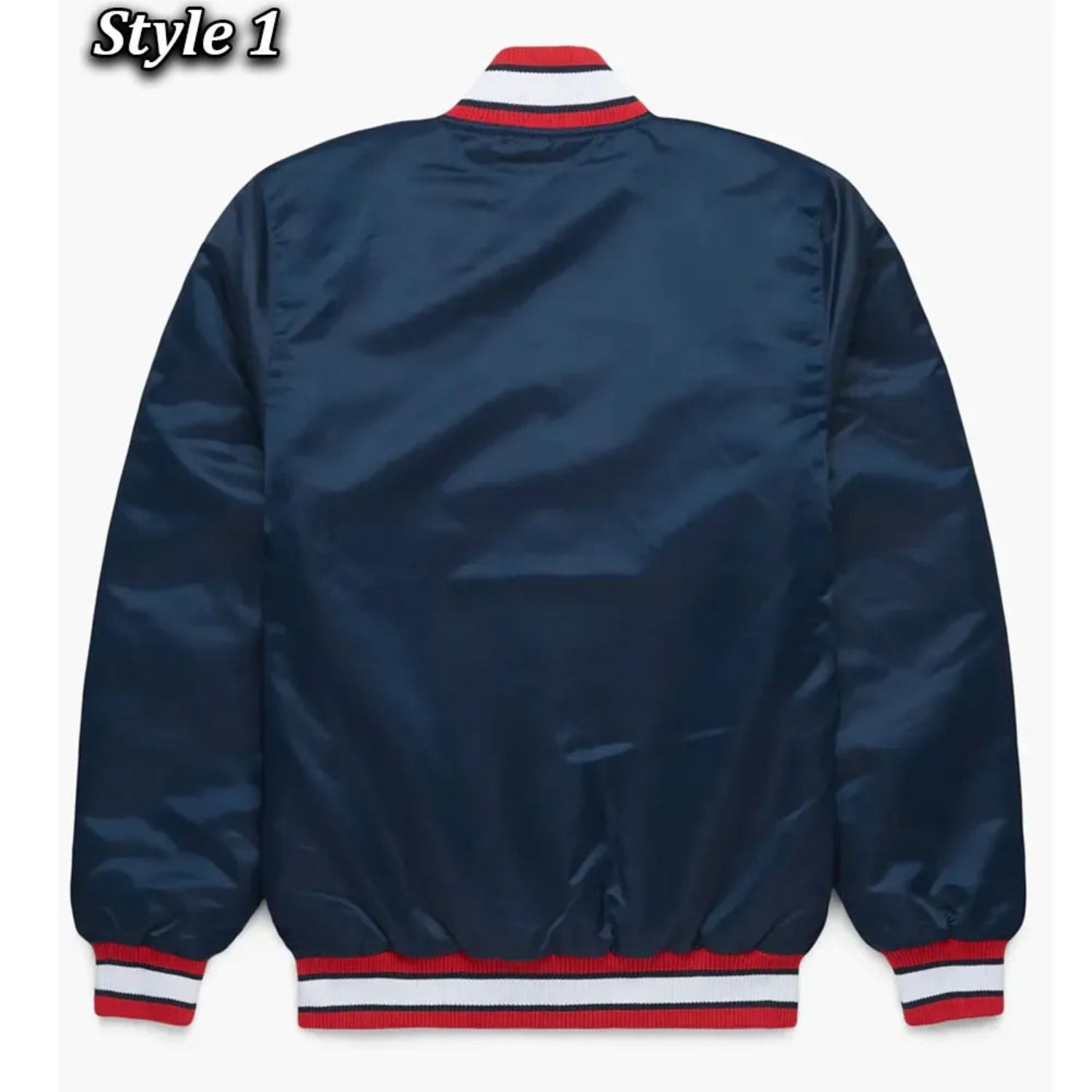 Back of Atlanta Braves satin varsity jacket featuring large team logo and striped ribbed hem