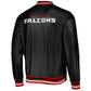 Back of Falcons satin varsity jacket featuring large team logo and striped ribbed hem

