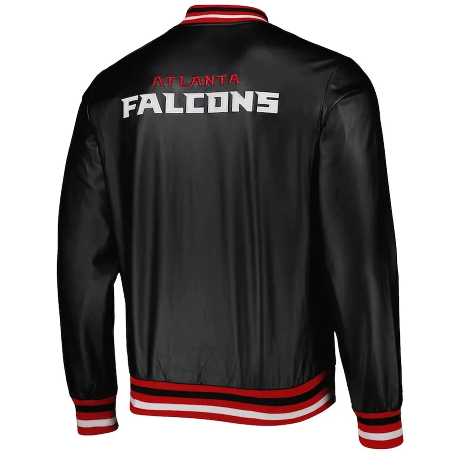 Back of Falcons satin varsity jacket featuring large team logo and striped ribbed hem

