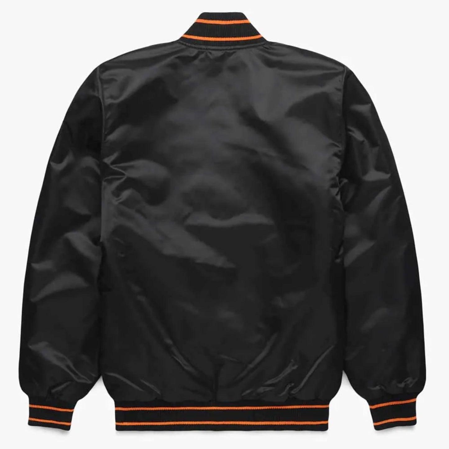 Back of Baltimore Orioles satin varsity jacket featuring large team logo and striped ribbed hem