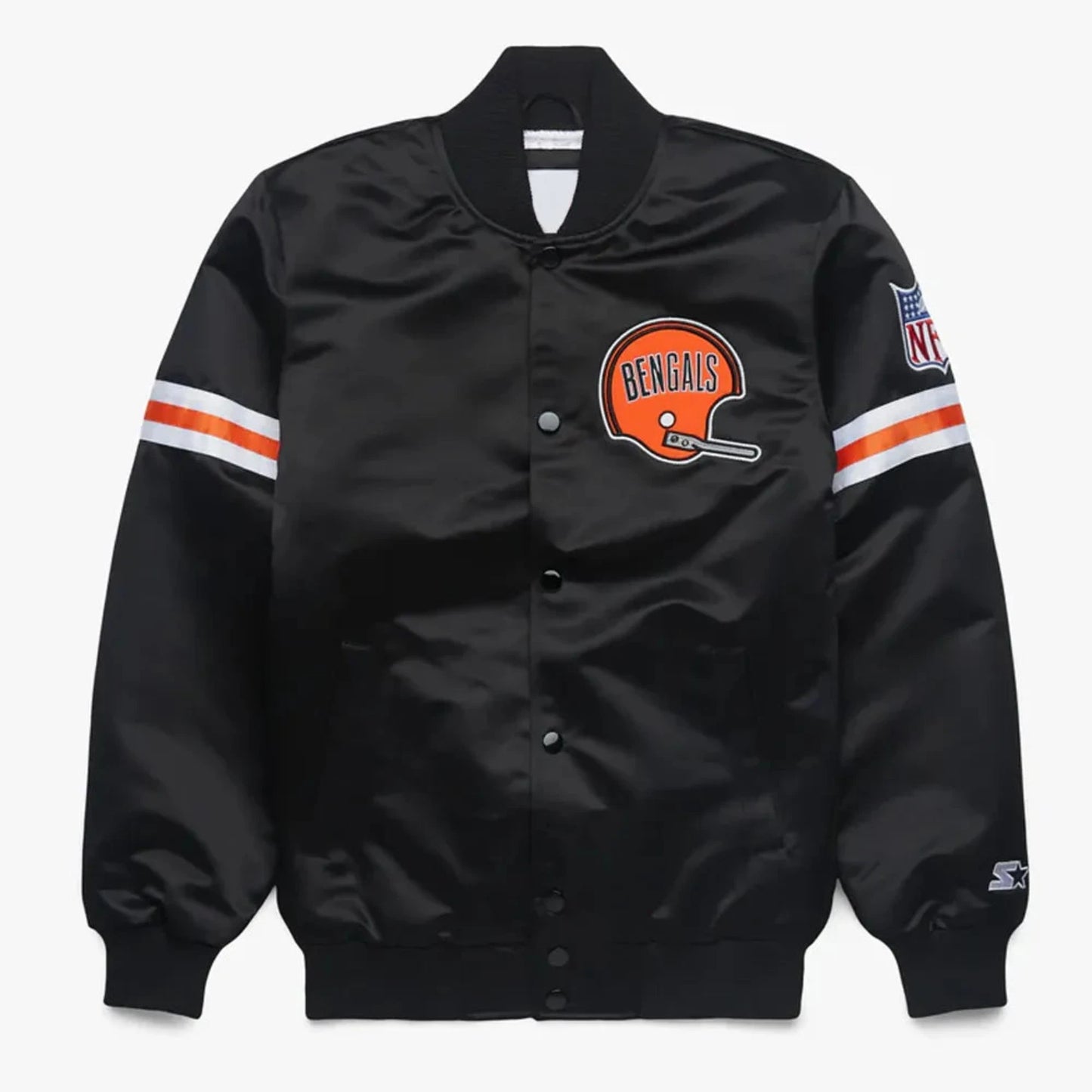 Front view of Cincinnati Bengals NFL satin varsity jacket with team logo and snap-button closure