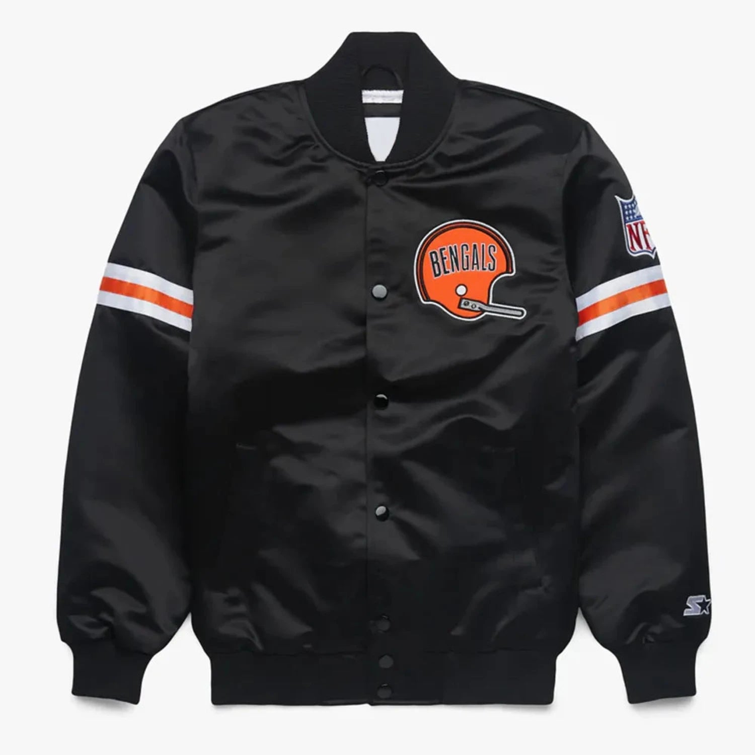 Front view of Cincinnati Bengals NFL satin varsity jacket with team logo and snap-button closure