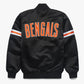 Back of Denver Broncos satin varsity jacket featuring large team logo and striped ribbed hem
