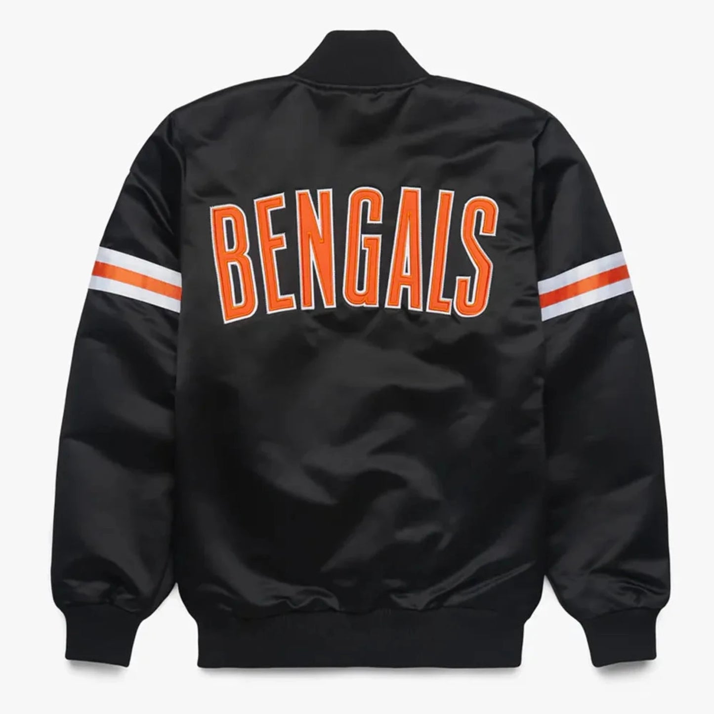 Back of Denver Broncos satin varsity jacket featuring large team logo and striped ribbed hem
