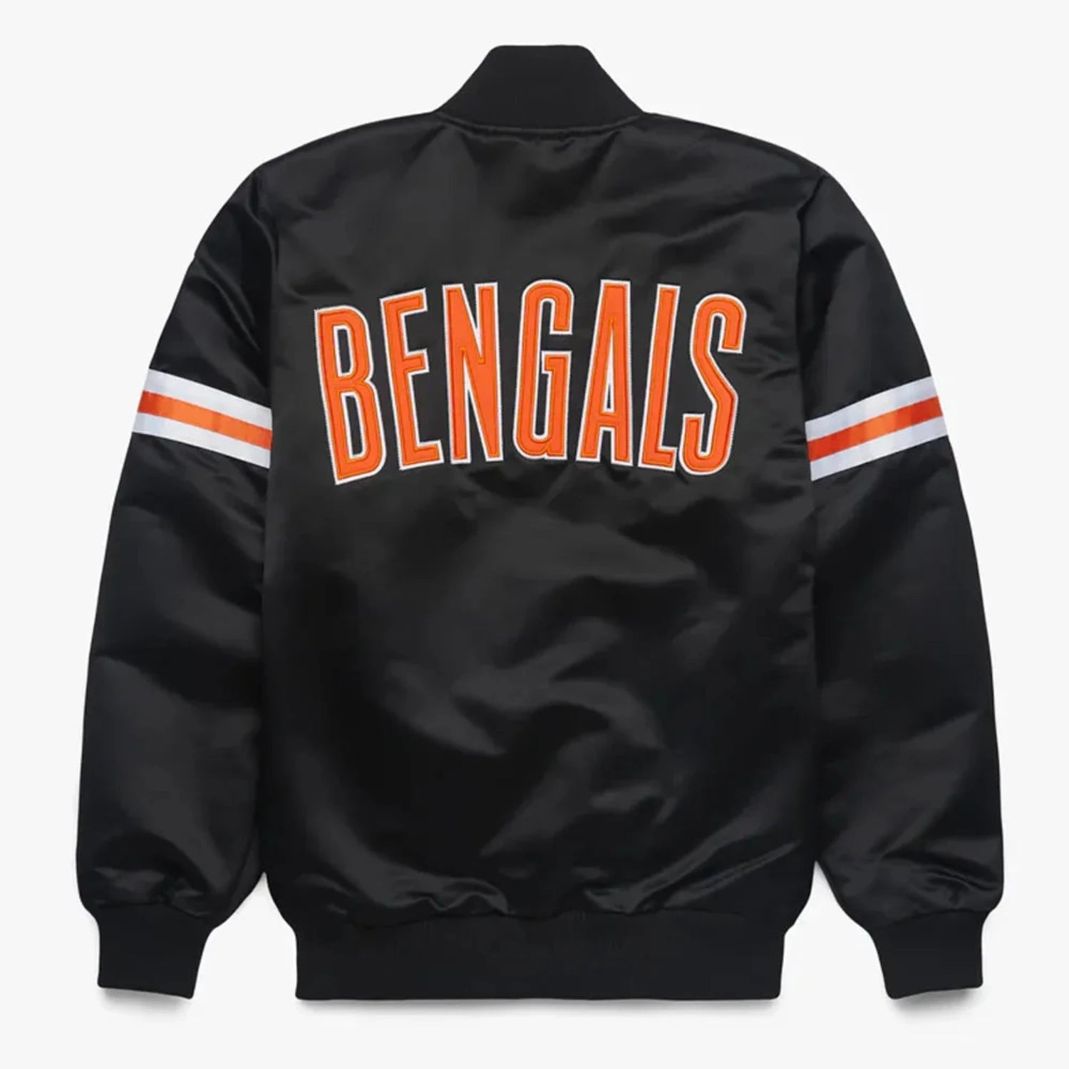 Back of Denver Broncos satin varsity jacket featuring large team logo and striped ribbed hem
