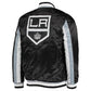 Back of NHL Los Angeles Kings satin varsity jacket in red colour featuring large team logo and striped ribbed hem