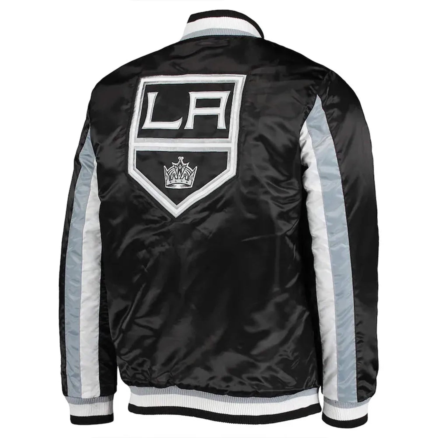 Back of NHL Los Angeles Kings satin varsity jacket in red colour featuring large team logo and striped ribbed hem