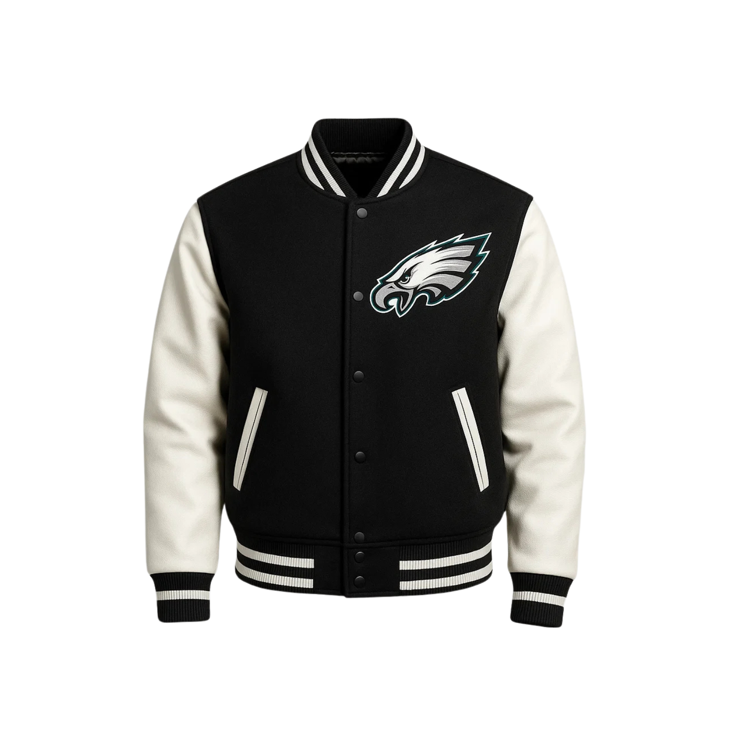 Black and white varsity jacket with a philadelphia eagles logo on a left chest