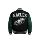 Black and green varsity jacket with a philadelphia eagles logo on a backside
