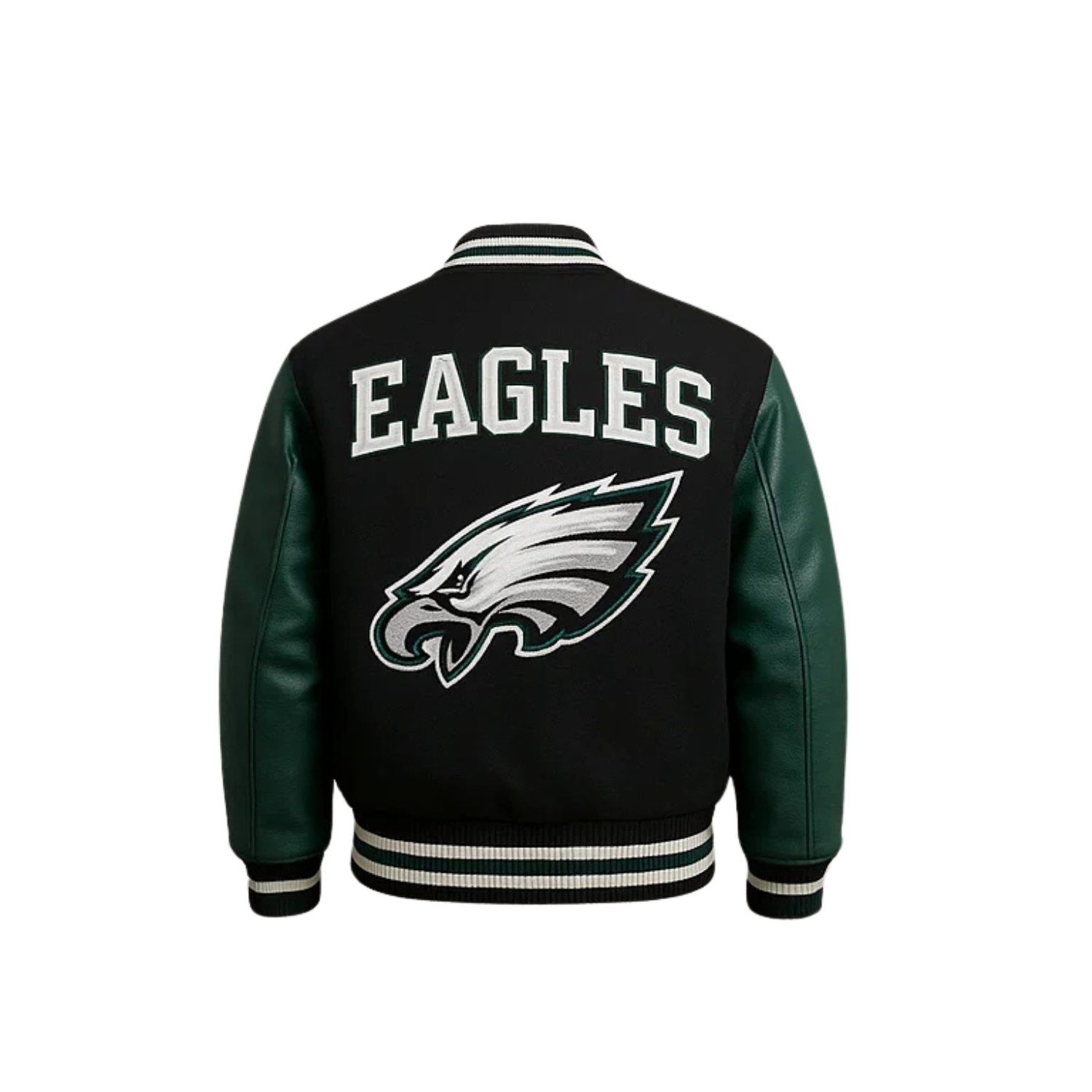 Black and green varsity jacket with a philadelphia eagles logo on a backside