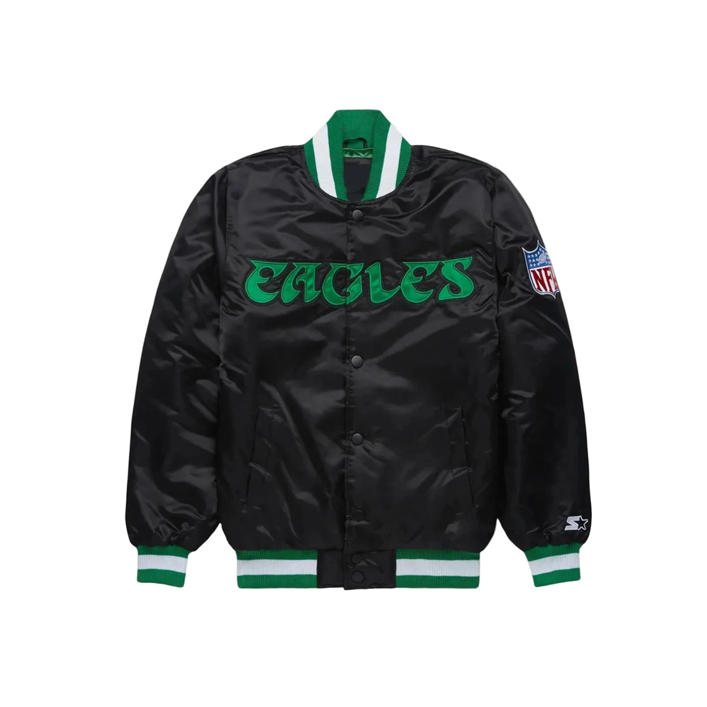 Black satin jacket with Philadelphia Eagles logo on front chest