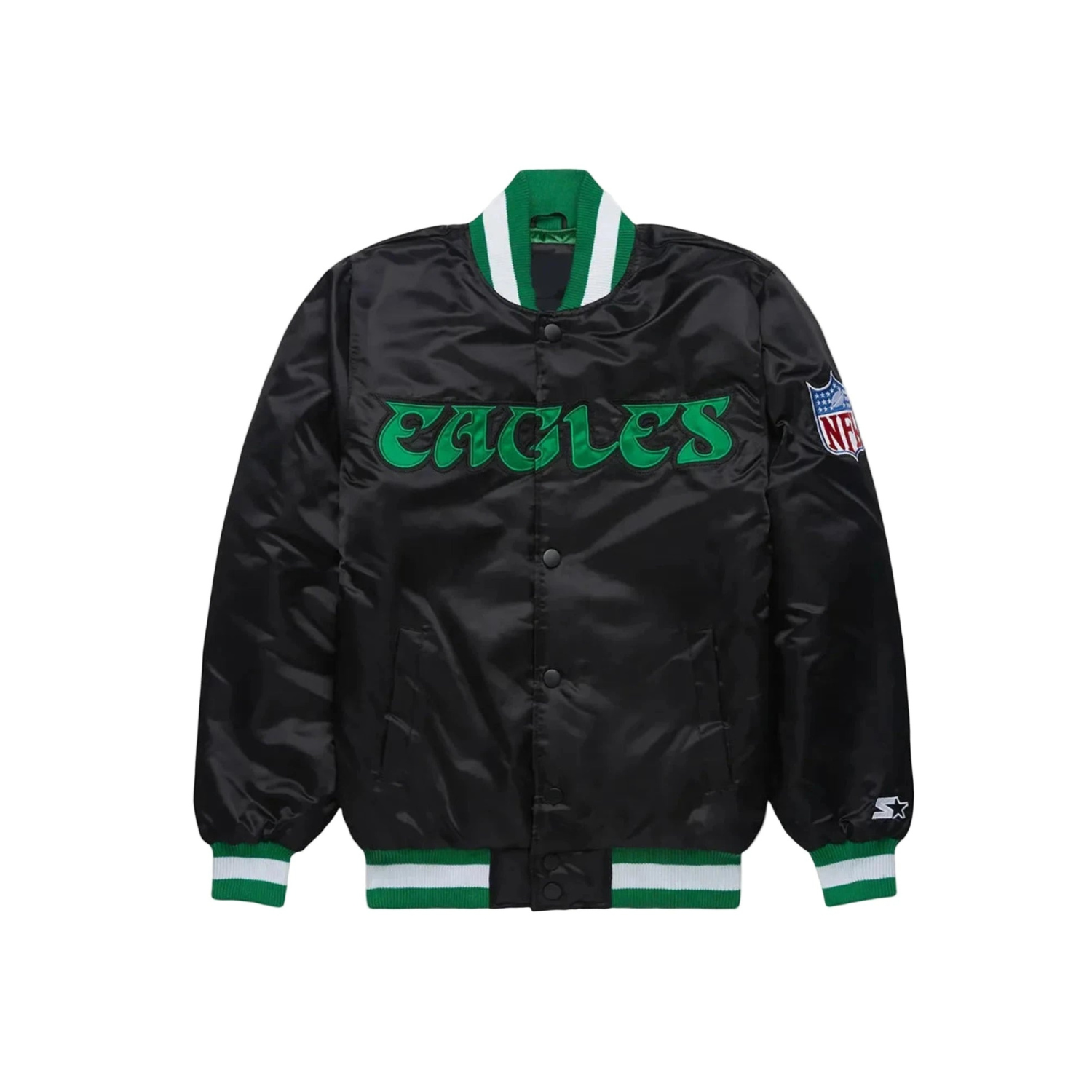 Black satin jacket with Philadelphia Eagles logo on front chest