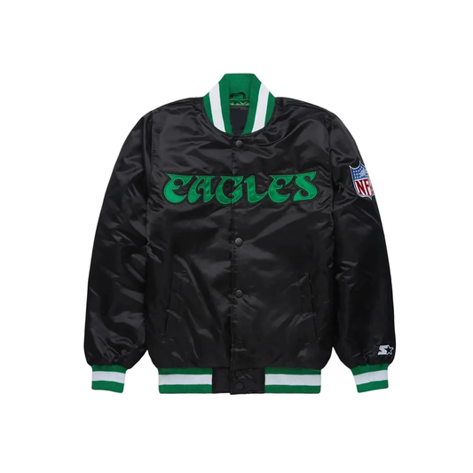 Black satin jacket with Philadelphia Eagles logo on front chest
