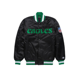 Black satin jacket with Philadelphia Eagles logo on front chest