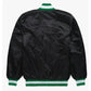 Back of Philadelphia Eagles satin varsity jacket featuring large team logo and striped ribbed hem

