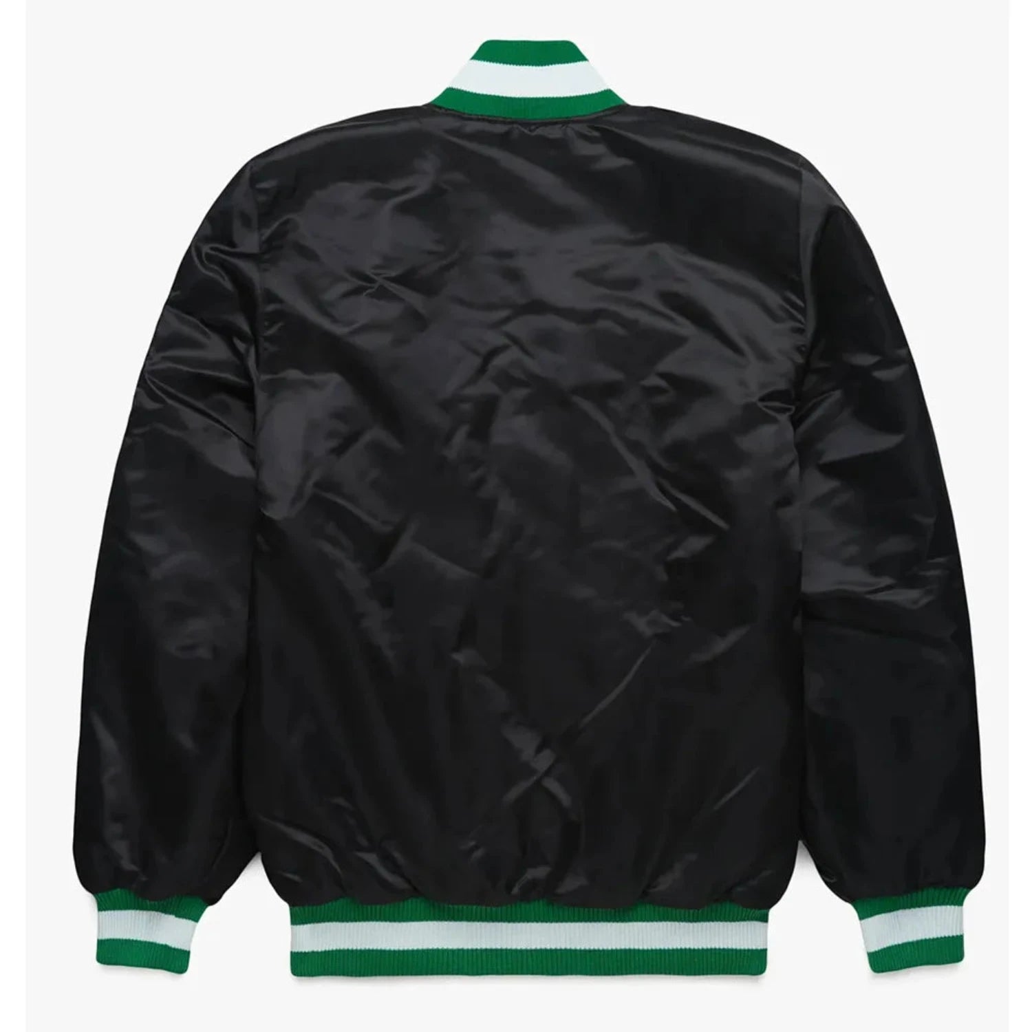 Back of Philadelphia Eagles satin varsity jacket featuring large team logo and striped ribbed hem
