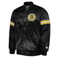 Front view of Boston Bruins NHL satin varsity jacket with team logo and snap-button closure