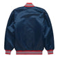 Back of Boston Red Sox satin varsity jacket featuring large team logo and striped ribbed hem