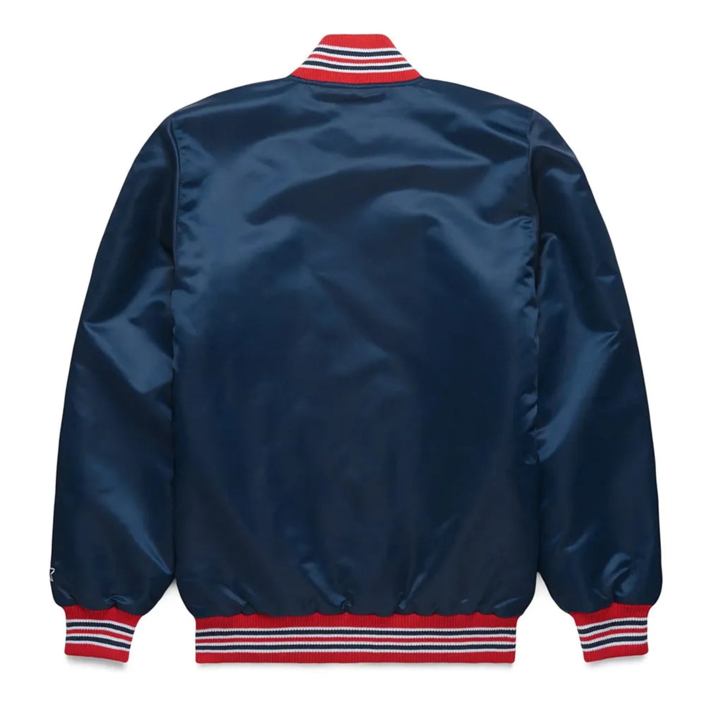 Back of Boston Red Sox satin varsity jacket featuring large team logo and striped ribbed hem