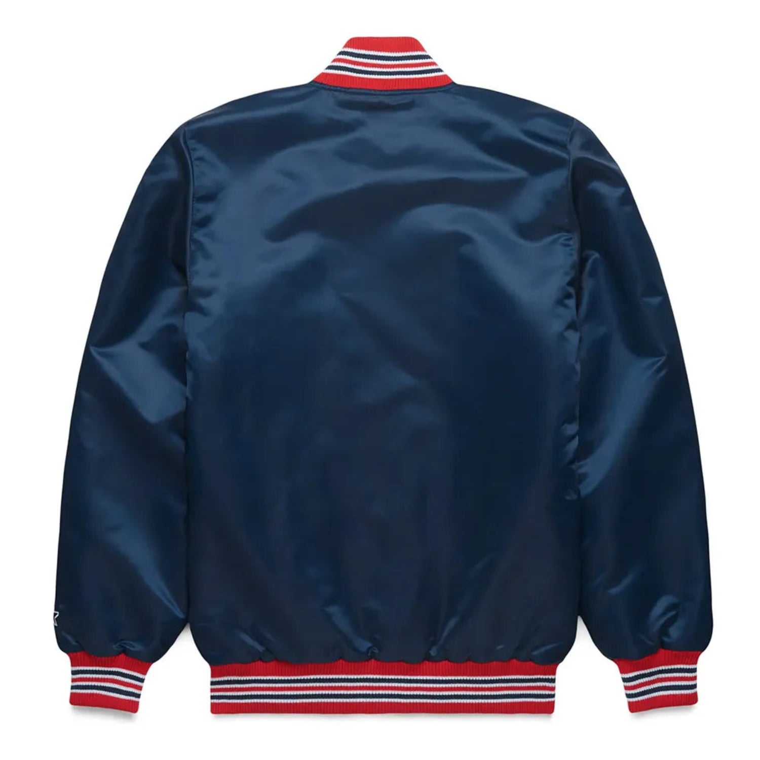 Back of Boston Red Sox satin varsity jacket featuring large team logo and striped ribbed hem