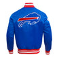 Back of Buffalo Bills satin varsity jacket featuring large team logo and striped ribbed hem.