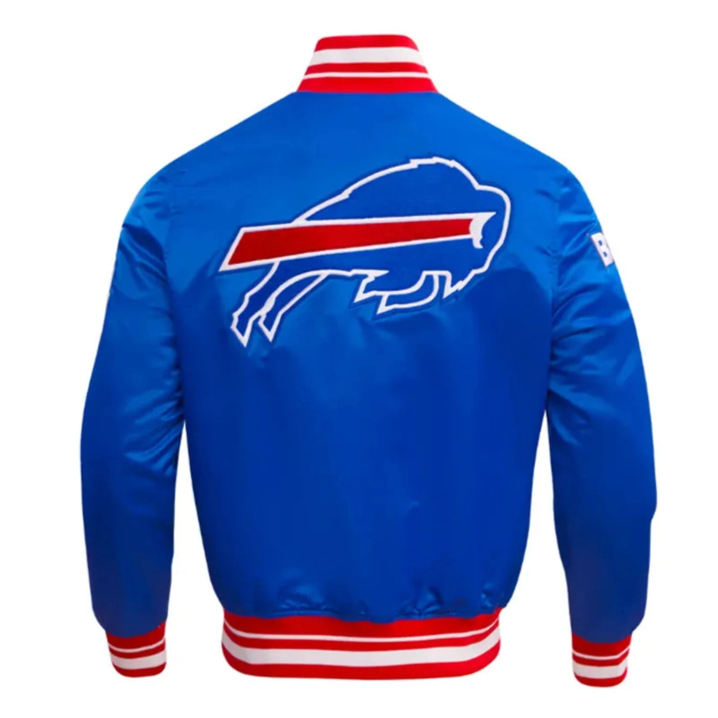 Back of Buffalo Bills satin varsity jacket featuring large team logo and striped ribbed hem.