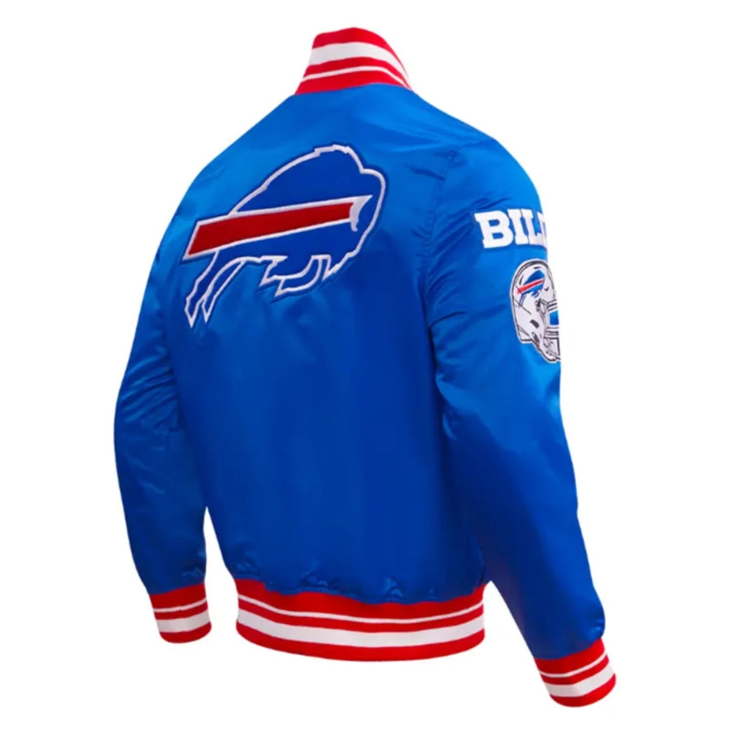 Side view of Buffalo Bills NFL satin varsity jacket with team logo and snap-button closure