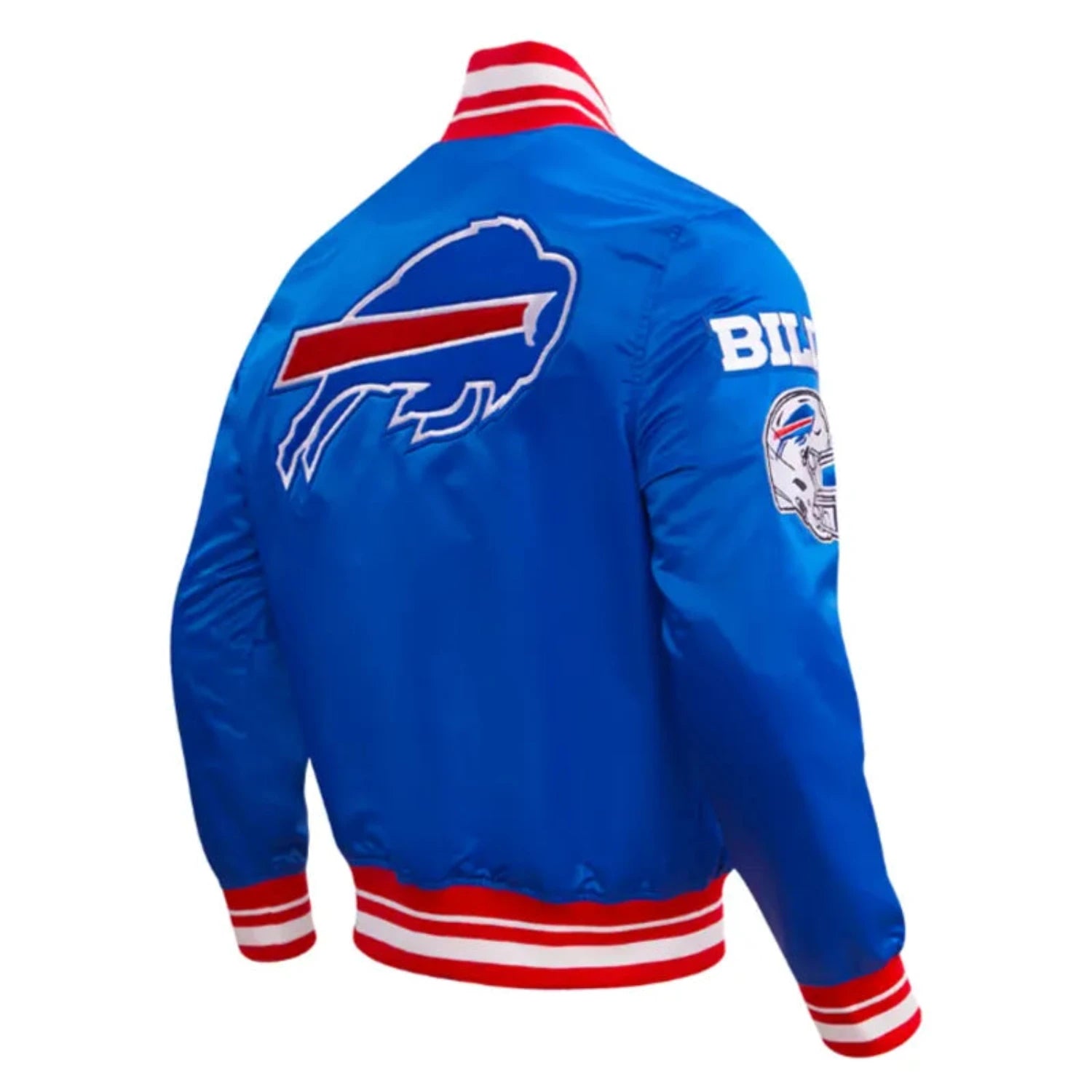 Side view of Buffalo Bills NFL satin varsity jacket with team logo and snap-button closure