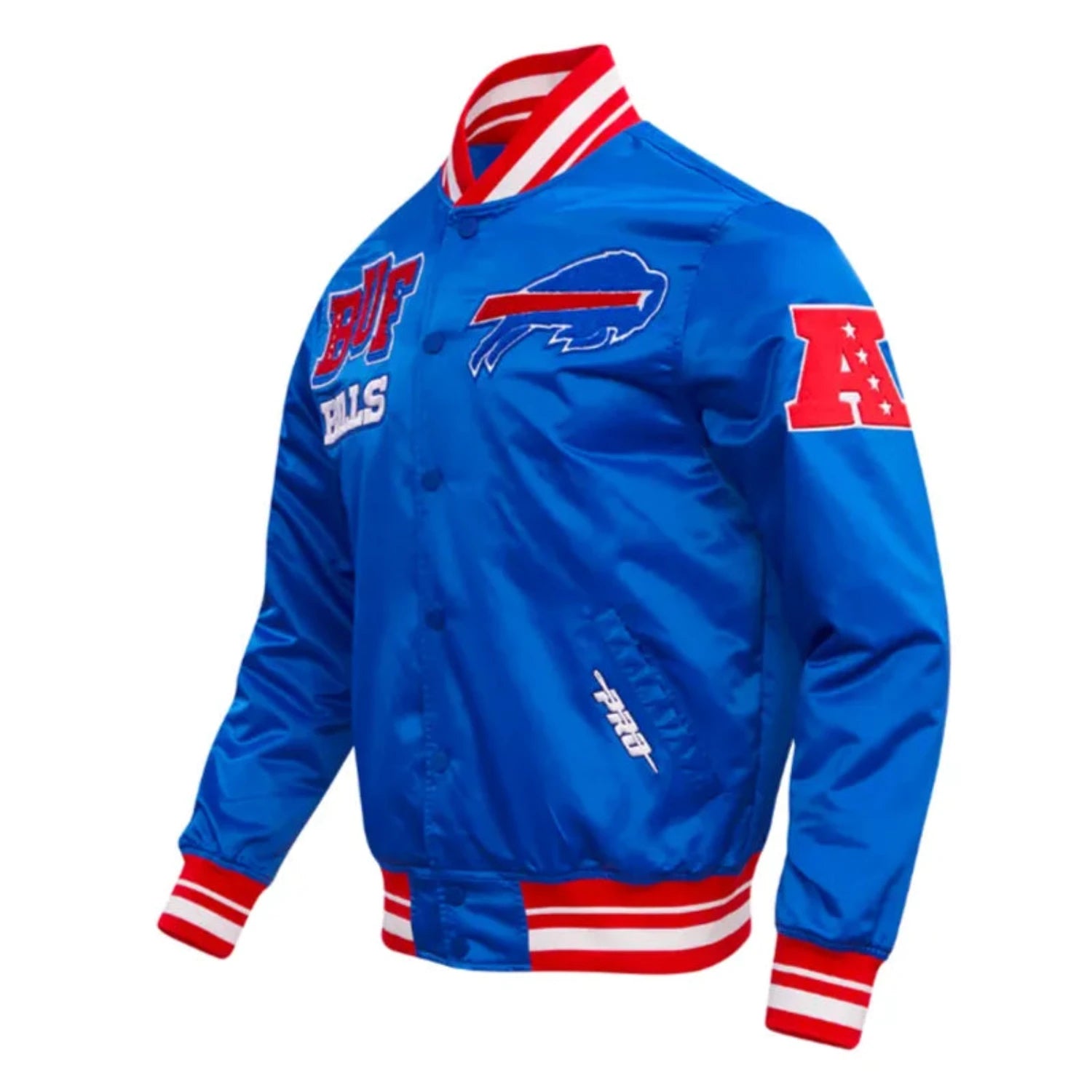 Side view of Buffalo Bills NFL satin varsity jacket with team logo and snap-button closure
