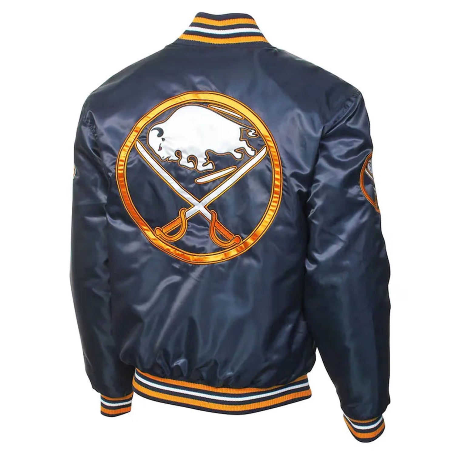 Back of NHL Buffalo Sabres satin varsity jacket in navy colour featuring large team logo and striped ribbed hem