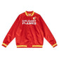 Front view of Calgary Flames NHL satin varsity jacket with embroidered team logo and snap-button closure