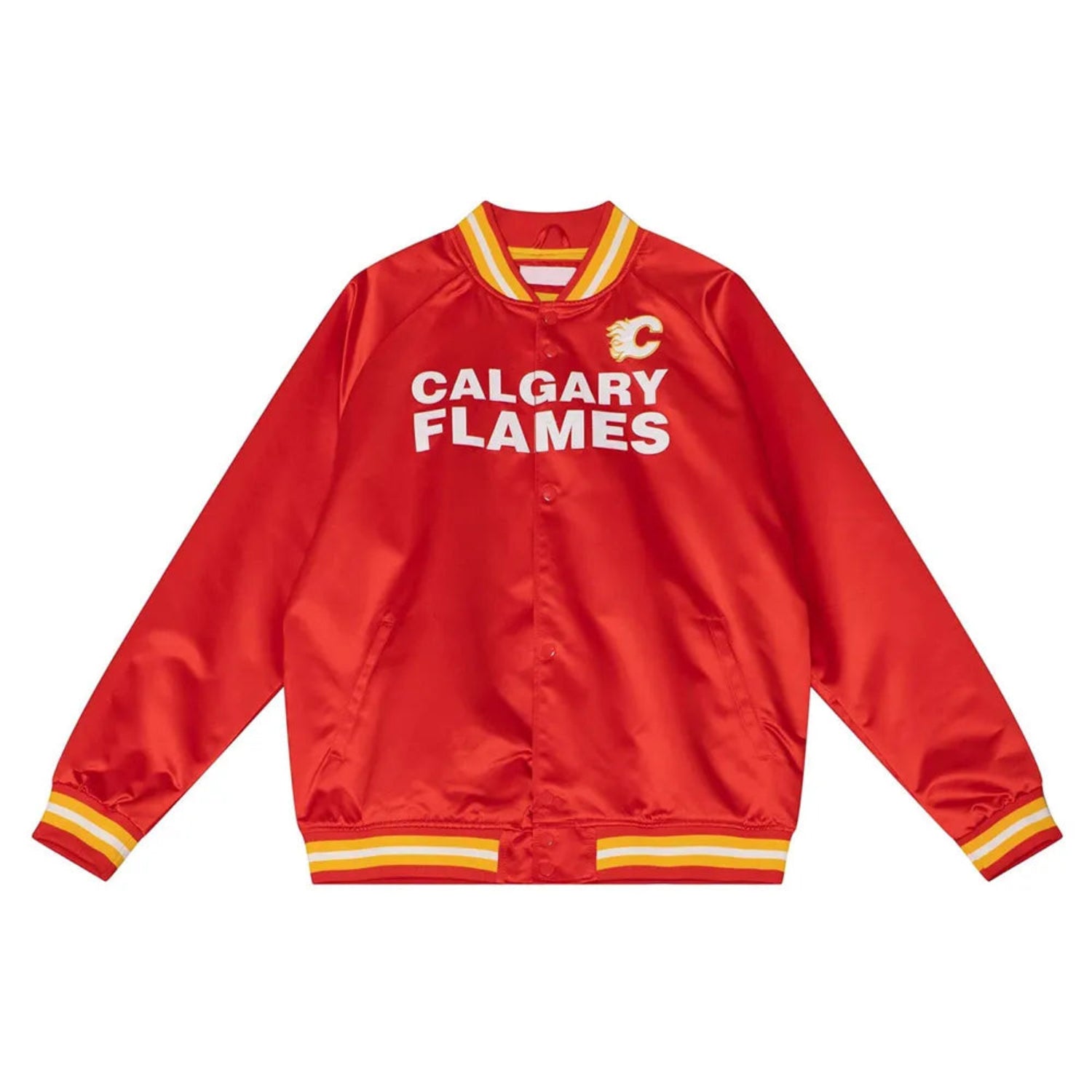 Front view of Calgary Flames NHL satin varsity jacket with embroidered team logo and snap-button closure