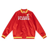Front view of Calgary Flames NHL satin varsity jacket with embroidered team logo and snap-button closure
