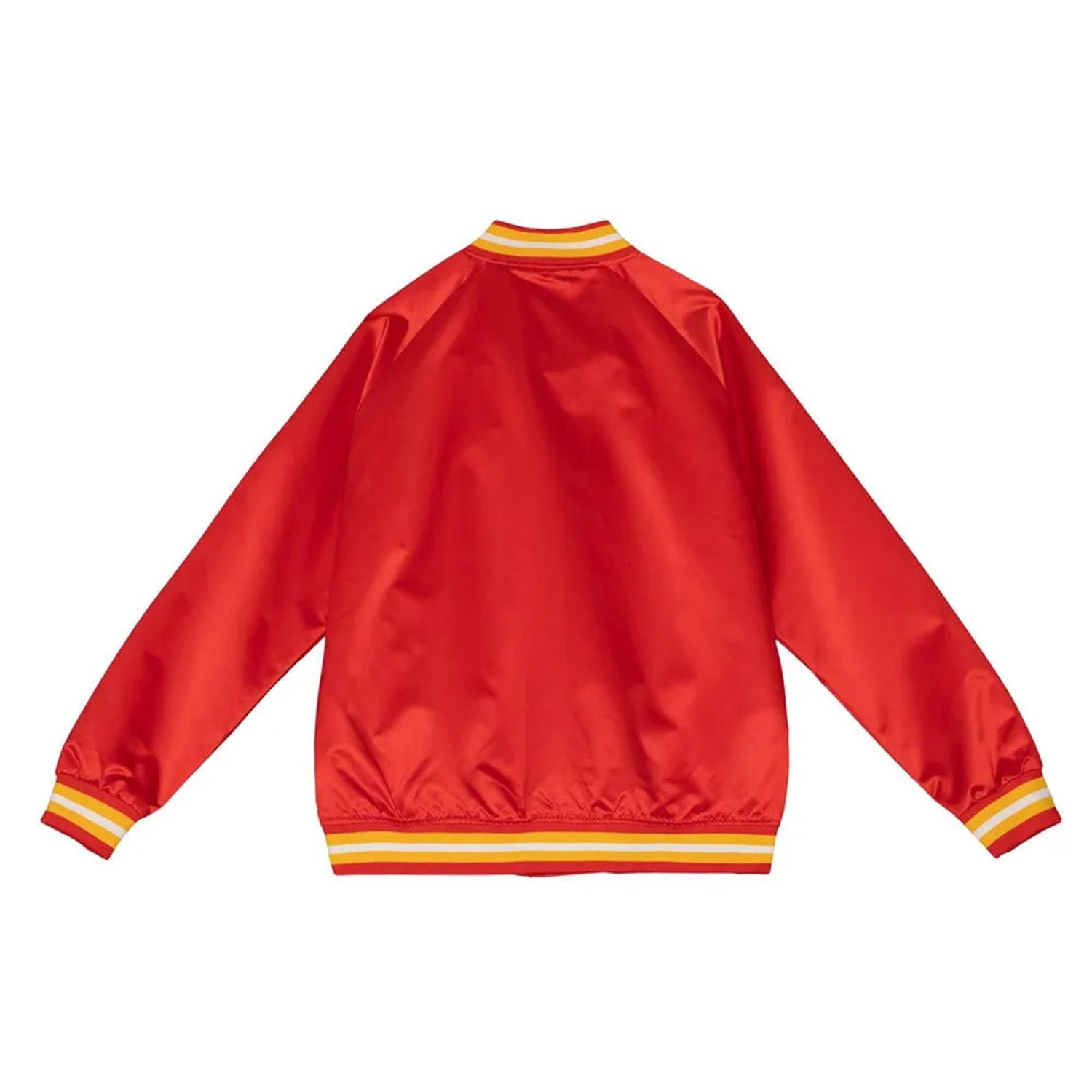 Back of NHL Calgary Flames satin varsity jacket in red colour featuring large team logo and striped ribbed hem