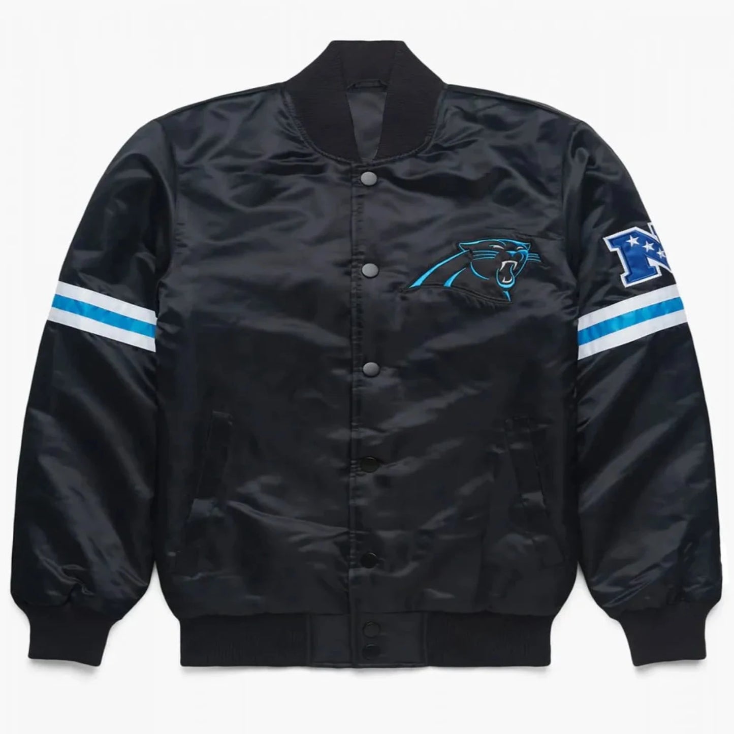 Front view of Carolina Panthers NFL satin varsity jacket with team logo and snap-button closure