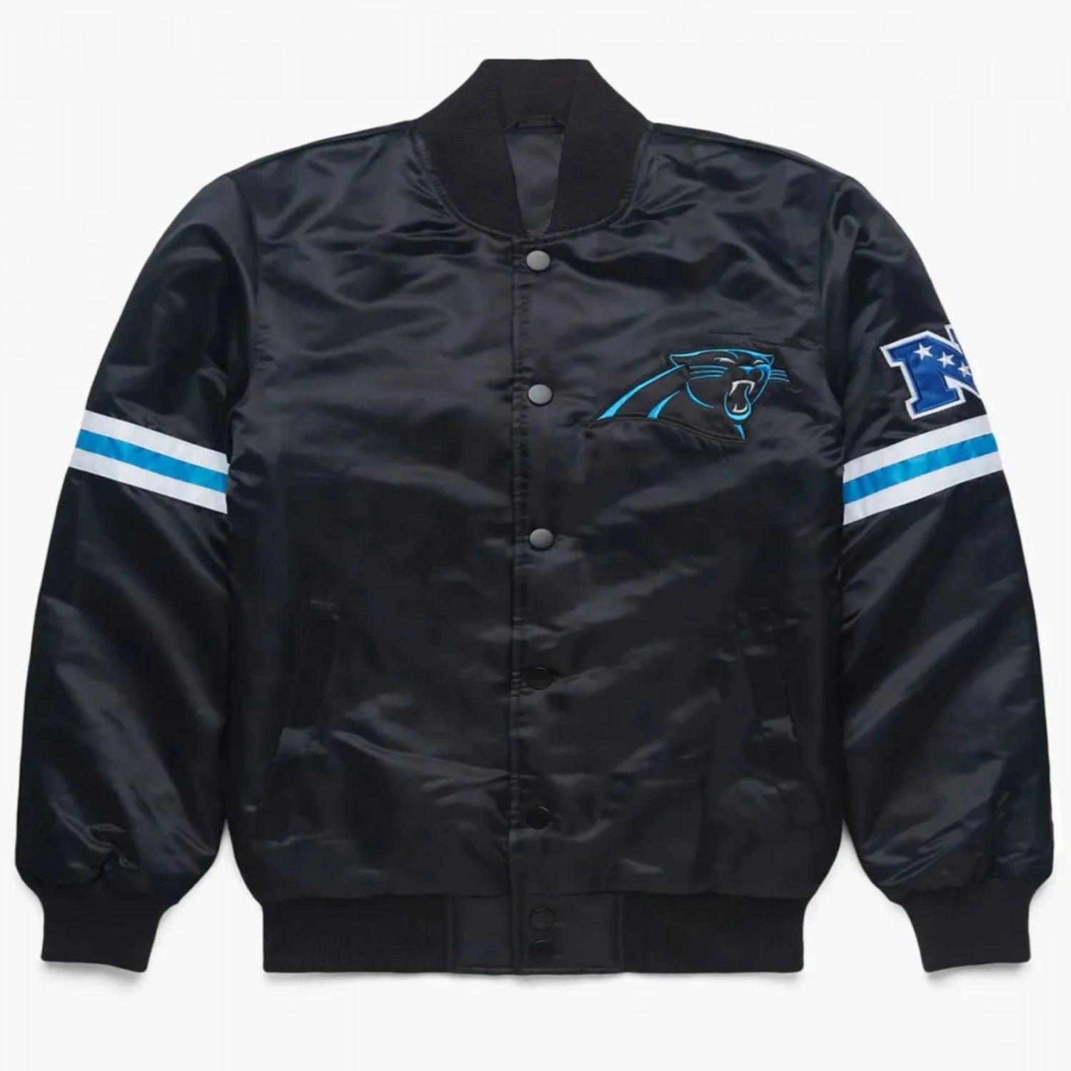 Front view of Carolina Panthers NFL satin varsity jacket with team logo and snap-button closure